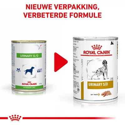 Royal Canin Urinary S/O hondenvoer: oude en nieuwe verpakking naast elkaar. Bovenaan staat: NIEUWE VERPAKKING, VERBETERDE FORMULE.