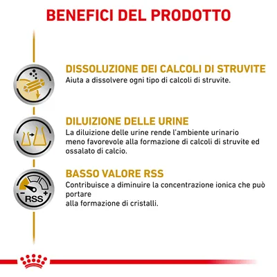 Benefici del prodotto: dissoluzione dei calcoli di struvite, diluizione delle urine, basso valore RSS. Testo esplicativo per ciascun beneficio visibile nell'immagine.