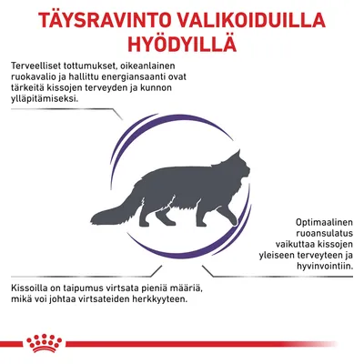 TÄYSRAVINTO VALIKOIDUILLA HYÖDYILLÄ. Terveelliset tottumukset, oikeanlainen ruokavalio ja hallittu energiansaanti ovat tärkeitä kissojen terveydelle ja kunnolle. Optimaalinen ruoansulatus vaikuttaa terveyteen. Kissoilla on taipumus virtsata pieniä määriä, mikä voi johtaa virtsateiden herkkyyteen.