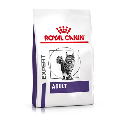 Confezione di crocchette Royal Canin Expert per gatti, testo visibile: ADULT, immagine di un gatto sul fronte della confezione.