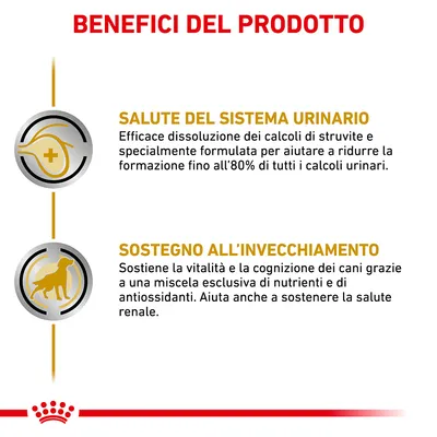 Benefici del prodotto: salute del sistema urinario, efficace dissoluzione dei calcoli di struvite; sostegno all’invecchiamento, supporto a vitalità e cognizione nei cani con antiossidanti.