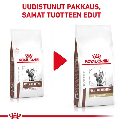 Royal Canin Gastrointestinal Fibre Response kissanruoka, vanha ja uusi pakkaus vierekkäin. Ylhäällä teksti: Uudistunut pakkaus, samat tuotteen edut.