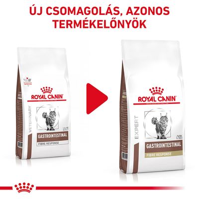 Új csomagolás, azonos termékelőnyök. Royal Canin Gastrointestinal Fibre Response macskaeledel régi és új csomagolása egymás mellett.