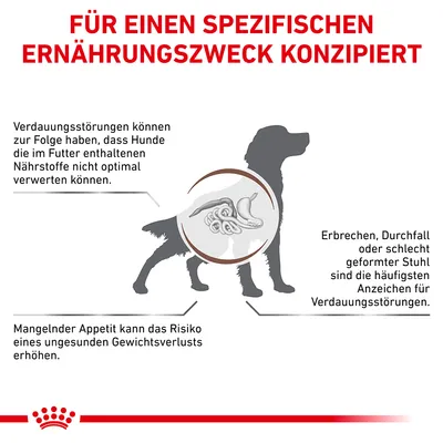 Texte en allemand : Für einen spezifischen Ernährungszweck konzipiert. Explications sur les troubles digestifs chez le chien, symptômes et conséquences possibles. Schéma d’un chien avec système digestif.