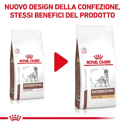 Nuovo design della confezione Royal Canin Gastrointestinal High Fibre, stessi benefici del prodotto. Immagine delle due confezioni affiancate con freccia di transizione.