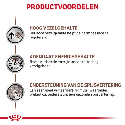 Productvoordelen: hoog vezelgehalte voor darmregulatie, adequaat energiegehalte ondanks vezels, ondersteuning van spijsvertering met goed verteerbare formule en prebiotica.
