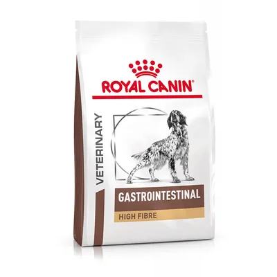 Royal Canin Veterinary Gastrointestinal High Fibre kutyatáp csomagolás, barna-fehér színben, kutya illusztrációval és látható terméknévvel.