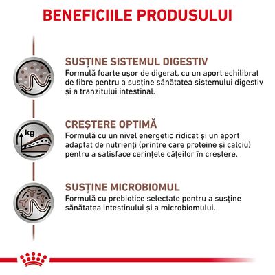 Beneficiile produsului: susține sistemul digestiv, creștere optimă, susține microbiomul. Text explicativ pentru fiecare beneficiu vizibil în imagine.