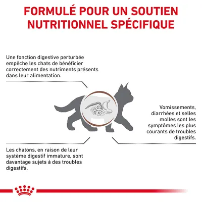Formulé pour un soutien nutritionnel spécifique. Fonction digestive perturbée chez le chat, symptômes digestifs courants : vomissements, diarrhées, selles molles. Chatons plus sujets aux troubles digestifs.