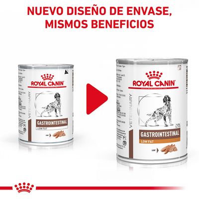 Dos latas de Royal Canin Gastrointestinal Low Fat para perros, antes y después del cambio de diseño de envase. Texto: 'Nuevo diseño de envase, mismos beneficios'.