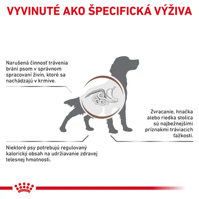 Vyvinuté ako špecifická výživa. Narušená činnosť trávenia bráni psom v spracovaní živín. Zvracanie, hnačka alebo riedka stolica sú príznaky tráviacich ťažkostí. Niektoré psy potrebujú regulovaný kalorický obsah.