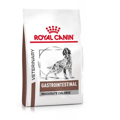 Opakowanie karmy Royal Canin Veterinary Gastrointestinal Moderate Calorie z ilustracją psa. Widoczne napisy: VETERINARY, GASTROINTESTINAL, MODERATE CALORIE.
