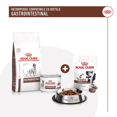 Royal Canin Gastrointestinal: sac hrană uscată, conservă, recompense Treats 200 g și bol metalic. Text vizibil: Recompense compatibile cu dietele gastrointestinal.