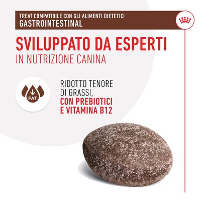 Sviluppato da esperti in nutrizione canina. Ridotto tenore di grassi, con prebiotici e vitamina B12. Treat compatibile con gli alimenti dietetici gastrointestinal.