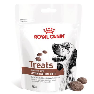 Royal Canin Treats, compatible with gastrointestinal diets, 230 g. Lage vetinhoud, met prebiotica en vitamine B12. Afbeelding van hond en ronde snacks op de verpakking.