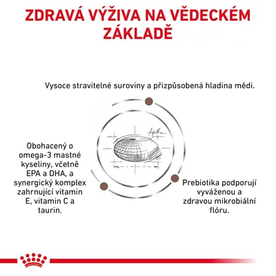 Text v češtine: ZDRAVÁ VÝŽIVA NA VĚDECKÉM ZÁKLADĚ. Vysocé stravitelné suroviny, prispôsobená hladina medi, omega-3 mastné kyseliny, vitamíny E a C, taurin, prebiotiká.