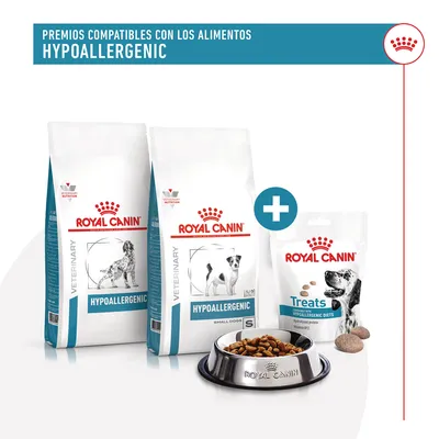 Pienso Royal Canin Veterinary Hypoallergenic para perros, dos sacos y un paquete de premios Treats Hypoallergenic Diets. Texto visible: 'Premios compatibles con los alimentos Hypoallergenic'.