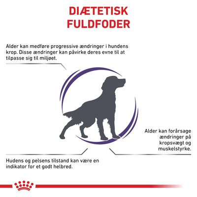 DIÆTETISK FULDFODER. Alder kan medføre progressive ændringer i hundens krop. Hudens og pelsens tilstand kan være en indikator for et godt helbred. Alder kan forårsage ændringer på kropsvægt og muskelstyrke.