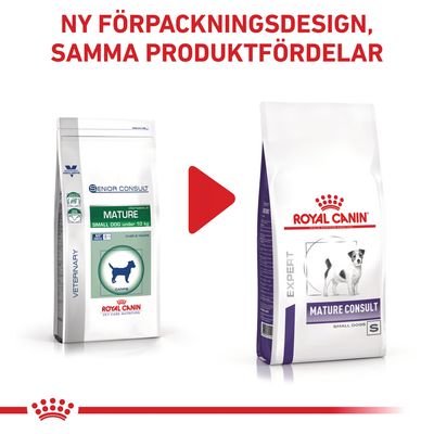 Ny förpackningsdesign för Royal Canin Mature Small Dog. Tidigare: Senior Consult Mature Small Dog under 10 kg, nu: Expert Mature Consult Small Dogs S.