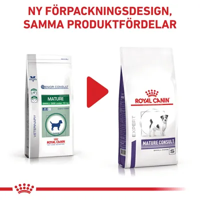 Ny förpackningsdesign för Royal Canin Mature Small Dog. Tidigare: Senior Consult Mature Small Dog under 10 kg, nu: Expert Mature Consult Small Dogs S.