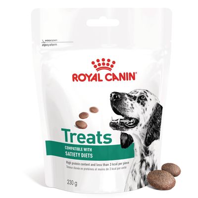 Royal Canin Treats, compatible with satiety diets, korkea proteiinipitoisuus ja alle 3 kcal/kpl. Pussissa koiran kuva, paino 230 g.
