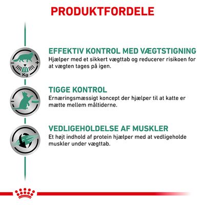 PRODUKTFORDELE: Effektiv kontrol med vægtstigning, tigge kontrol og vedligeholdelse af muskler. Beskrivelser om vægttab, mæthed og proteinindhold til katte.