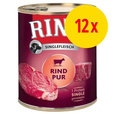 Rinti Singlefleisch Rind Pur dåse, 1 Protein Single, getreidefrei, billede af oksekød, stor gul cirkel med rød tekst: 12x