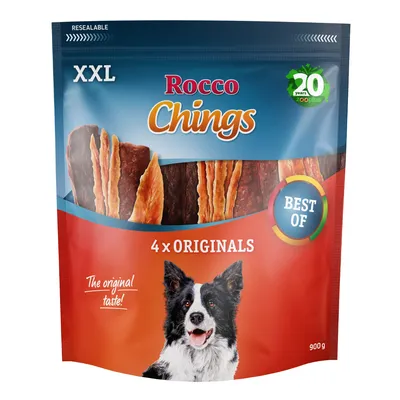 Опаковка Rocco Chings XXL, 4 x Originals, 900 г. Видими ленти лакомства, надпис BEST OF, изображение на куче, текст The original taste!, знак 20 years zooplus. Опаковка Rocco Chings XXL, 4 x Originals, 900 г. Видими ленти лакомства, надпис BEST OF, изображение на куче, текст The original taste!, знак 20 years zooplus.