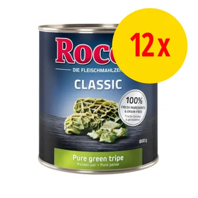 Rocco Classic Pure green tripe, 12x800g dåser. Tekst: 100% fresh ingredients & grain-free. Pansen pur • Pure panse.