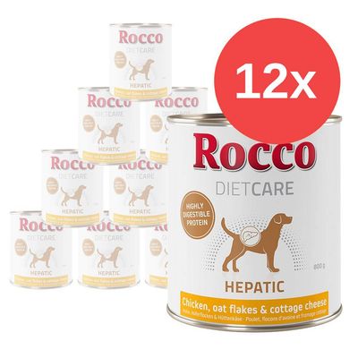 12 lattine Rocco Diet Care Hepatic, pollo, fiocchi d’avena e cottage cheese, 800 g, con scritta 'Highly digestible protein' sulla confezione.