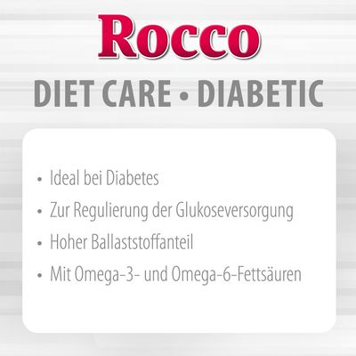 Rocco Diet Care Diabetic. Идеально при диабете, для регулирования поступления глюкозы, с высоким содержанием клетчатки, с омега-3 и омега-6 жирными кислотами.