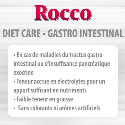 Rocco DIET CARE GASTRO INTESTINAL : maladies du tractus gastro-intestinal, électrolytes accrus, faible teneur en graisse, sans colorants ni arômes artificiels.