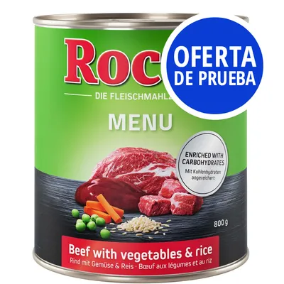 Lata de comida Roc Menu, 800 g, beef with vegetables & rice. Texto visible: OFERTA DE PRUEBA, enriched with carbohydrates. Imagen de carne, guisantes, zanahorias y arroz.