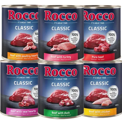 Lot mixte Rocco 6 x 800 g pour chien - lot mixte 2 : bœuf avec poulet, dinde, cœurs de volaille, cœurs de veau, canard, pur