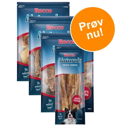 Fire poser Rocco Naturals Dried Chews med teksten '100% Pizzle' og 'The natural treat!'. Orange cirkel med teksten 'Prøv nu!'. Hundebillede på forsiden af poserne.