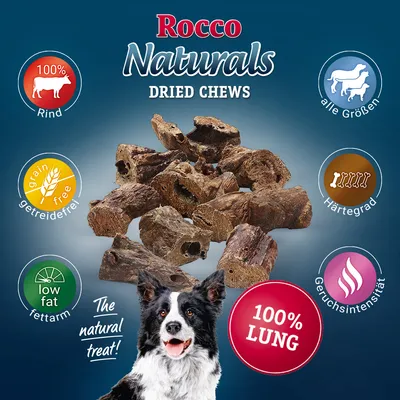 Rocco Naturals Dried Chews, 100% Rind, 100% Lung, grain free, low fat, pour toutes tailles de chiens, illustration de friandises séchées et texte en anglais/allemand visibles.