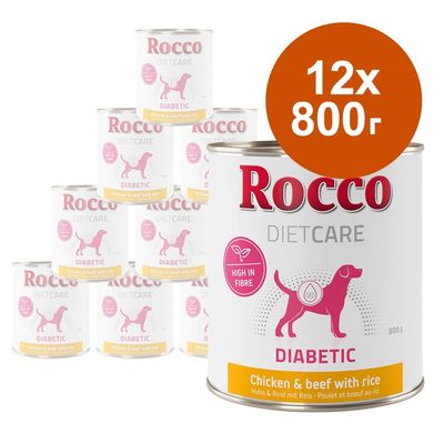 Rocco Diet Care Diabetic, 12 консерви по 800 г, Chicken & beef with rice. Надпис: High in fibre. Изображение на куче върху опаковката.