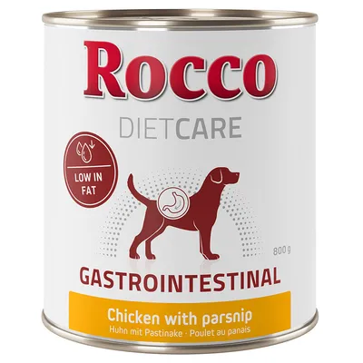 Konzerva Rocco DietCare Gastrointestinal 800 g, Low in fat, Chicken with parsnip, Huhn mit Pastinake, Poulet au panais. Silueta psa s vyznačeným žaludkem na obalu. Konzerva Rocco DietCare Gastrointestinal 800 g, Low in fat, Chicken with parsnip, Huhn mit Pastinake, Poulet au panais. Silueta psa s vyznačeným žaludkem na obalu.