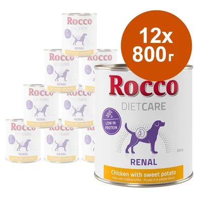 Rocco Diet Care Renal, 12 консерви по 800 г. Видимо: ниско съдържание на протеин, пилешко със сладък картоф. Текст на английски: Chicken with sweet potato, Low in protein.