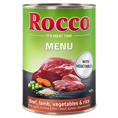 Rocco Menu comida húmeda, variedad ternera, cordero, verduras y arroz, 400g. Con verduras. It's Meat Time.