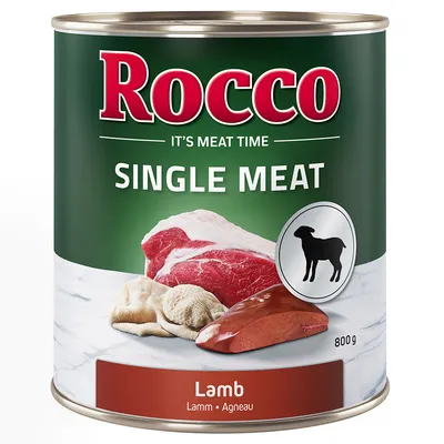 Rocco Single Meat Lamm, conservă 800 g. Imagine cu bucăți de carne și simbol de miel.