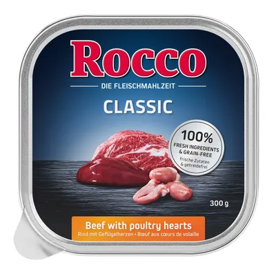 Rocco Classic, masové jídlo, hovězí s drůbežími srdci, 100% čerstvé suroviny, bez obilovin, 300g.