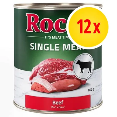 Rocco Single Meat Beef, confezione da 12x800g. Testo visibile: 'IT'S MEAT TIME', 'SINGLE MEAT', 'Beef Rind Boeuf'. Immagine di carne bovina e simbolo mucca. Rocco Single Meat Beef, confezione da 12x800g. Testo visibile: 'IT'S MEAT TIME', 'SINGLE MEAT', 'Beef Rind Boeuf'. Immagine di carne bovina e simbolo mucca.