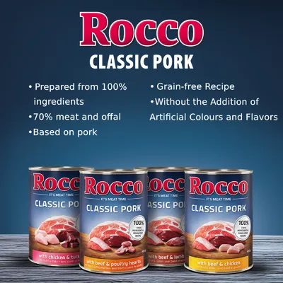 Rocco Classic Pork: prepared from 100% ingredients, 70% meat and offal, based on pork, grain-free recipe, without artificial colours and flavours. Four cans shown with different variants.