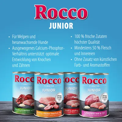 Rocco Junior. Za štence i mlade pse, uravnotežen omjer kalcija i fosfora, 100% svježi sastojci, najmanje 50% mesa, bez umjetnih boja i aroma.