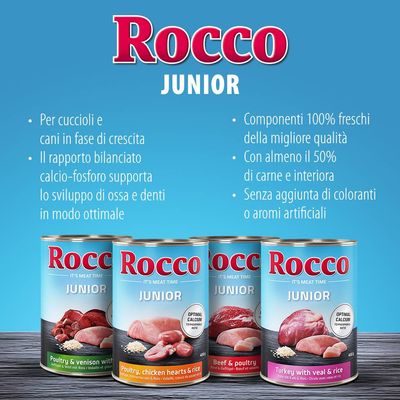 Rocco Junior – Per cuccioli e cani in crescita, rapporto calcio-fosforo bilanciato, almeno 50% carne e interiora, senza coloranti o aromi artificiali. Lattine visibili: vari gusti.