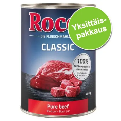 Rocco Classic Pure beef 400 g, 100 % fresh ingredients & grain-free, yksittäispakkaus. Etiketissä naudanlihan kuva.