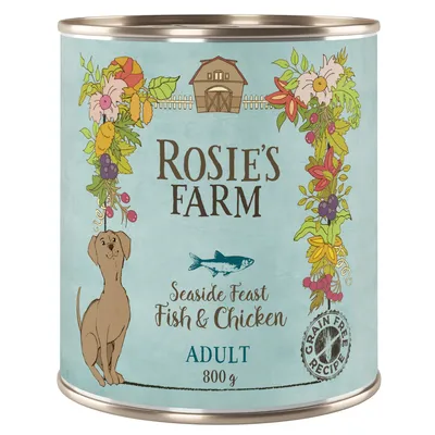 Rosie's Farm Seaside Feast Fish & Chicken, Adult, 800g, bezzbożowa receptura. Ilustracja z psem, rybą i kwiatami na jasnoniebieskiej puszce.