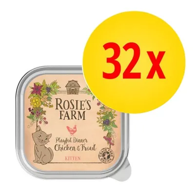 Rosie’s Farm Playful Dinner Chicken & Trout Kitten, 32 x. Widoczne opakowanie karmy dla kociąt bez zbóż.