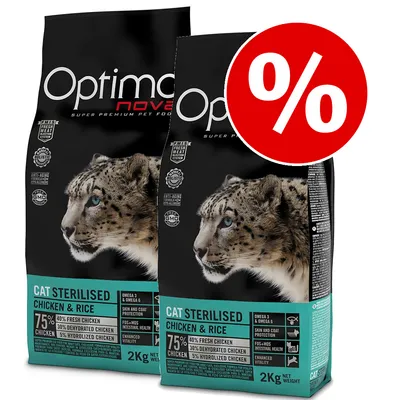 To poser Optimanova Cat Sterilised Chicken & Rice 2 kg med sneleopardmotiv, synlig tekst: 75 % kylling, 40 % frisk kylling, 30 % dehydreret kylling, 5 % hydrolyseret kylling, tilbudssymbol (%)